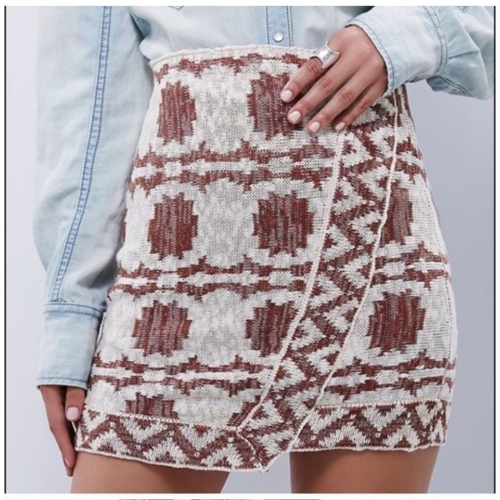 Southwestern Boho Free People Mini Skirt Girls L Cream Brown Geometric Knit Wrap